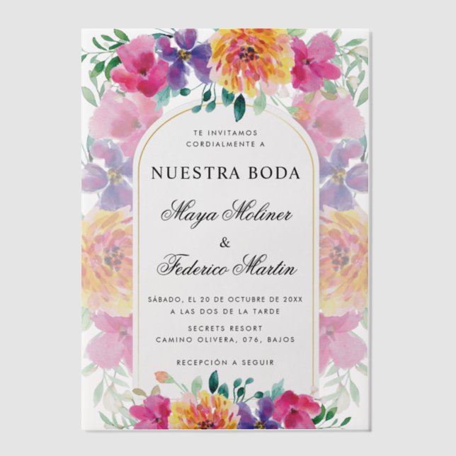Colourful Floral Nuestra Boda Spanish Wedding Vellum Invitations (Front)