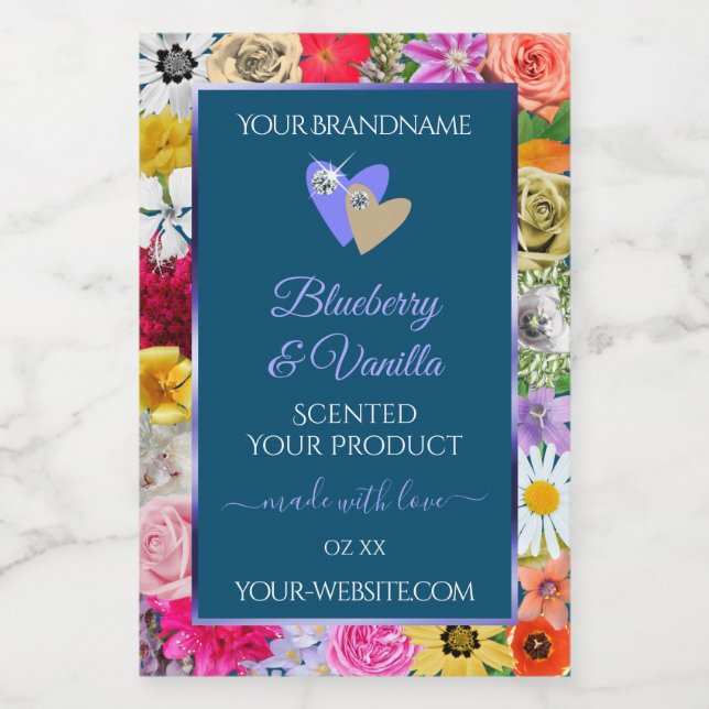 Colourful Floral Ocean Blue Product Labels Hearts (Single Label)