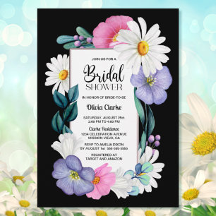 Colourful Floral on Black Bridal Shower Invitation