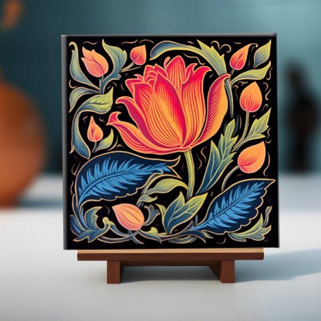 Colourful Floral on Black   Tile (Image of a floral tile on a display stand)