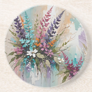 Colourful Floral on Blue Beige White Lavender Coaster