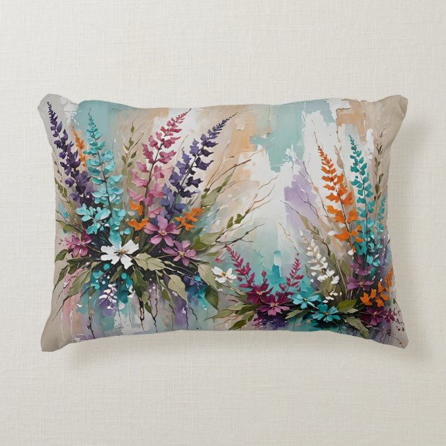 Colourful Floral on Blue Beige White Lavender Decorative Cushion (Front)