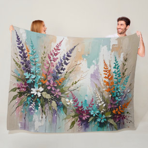 Colourful Floral on Blue Beige White Lavender Fleece Blanket