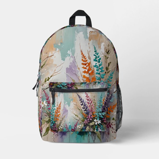 Colourful Floral on Blue Beige White Lavender II Printed Backpack (Front)