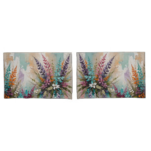 Colourful Floral on Blue Beige White Lavender  Pillowcase