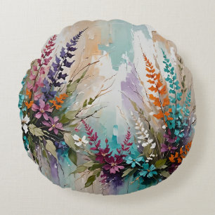 Colourful Floral on Blue Beige White Lavender Round Cushion