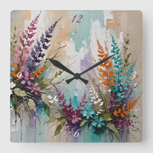 Colourful Floral on Blue Beige White Lavender  Square Wall Clock