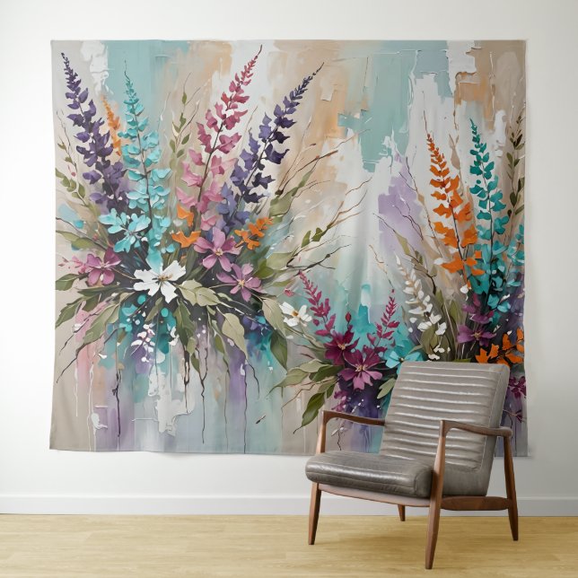 Colourful Floral on Blue Beige White Lavender Tapestry (In Situ (Horizontal))