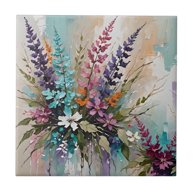 Colourful Floral on Blue Beige White Lavender Tile (Front)