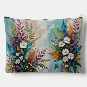 Colourful Floral on Teal Blue Beige Accessory Pouch