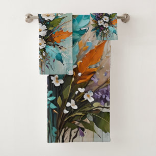 Colourful Floral on Teal Blue Beige  Bath Towel Set