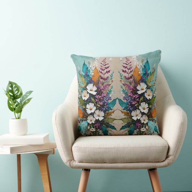 Colourful Floral on Teal Blue Beige  Cushion (Chair)