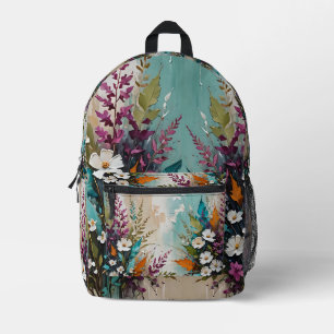 Colourful Floral on Teal Blue Beige Printed Backpack