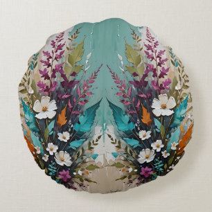 Colourful Floral on Teal Blue Beige Round Cushion