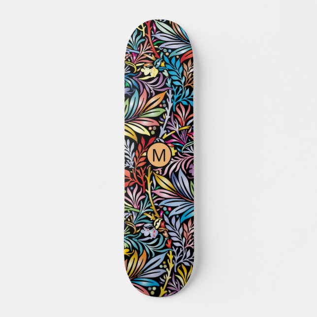Colourful Floral Orange Black Monogram Skateboard (Front)