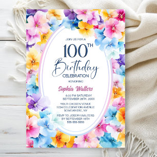 Colourful Floral Oval 100th Birthday Party Invitation