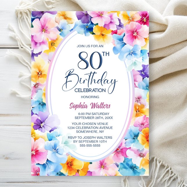 Colourful Floral Oval 80th Birthday Party Invitation (Creator Uploaded)