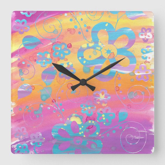 Colourful floral painting square wall clock (Front)