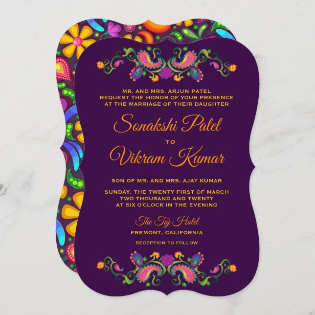 Colourful Floral Paisley Indian Wedding Invitation (Front/Back)