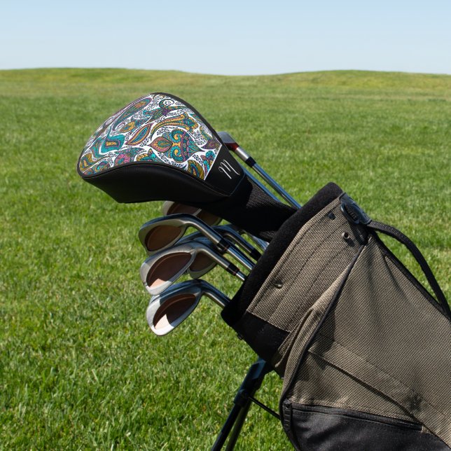 Colourful floral paisley pattern golf head cover (In Situ)