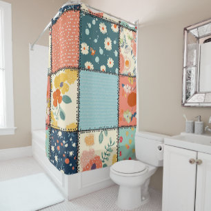 Colourful Floral Patchwork Quilt with Playful Prin Shower Curtain