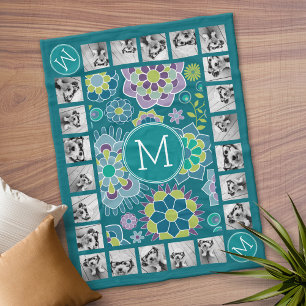 Colourful Floral Pattern 11 Photo Monogram Fleece Blanket