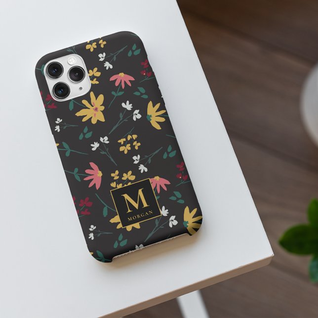 Colourful Floral Pattern Black Personalised  Case-Mate iPhone Case (floral pattern on black monogram iphone case)