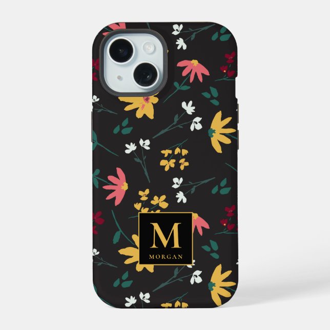 Colourful Floral Pattern Black Personalised  iPhone 15 Case (Back)