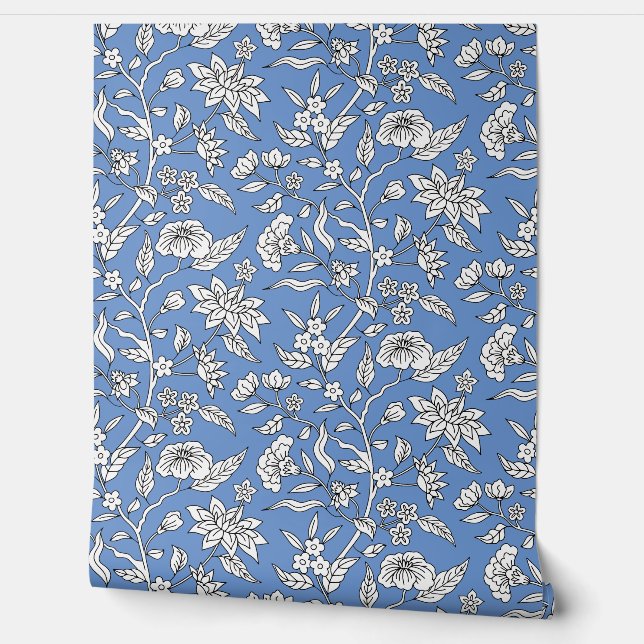 Colourful Floral Pattern | Cornflower Blue Wallpaper (Unrolling)
