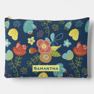 Colourful Floral Pattern Dark Blue Personalised Accessory Pouch