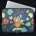 Colourful Floral Pattern Dark Blue Personalised Laptop Sleeve<br><div class="desc">Cute colourful flower pattern on dark blue background with optional personalisation.</div>