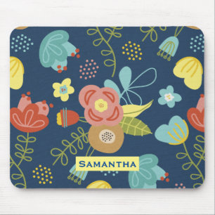 Colourful Floral Pattern Dark Blue Personalised Mouse Mat