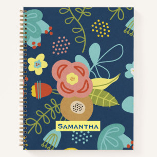 Colourful Floral Pattern Dark Blue Personalised Notebook