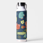 Colourful Floral Pattern Dark Blue Personalised Water Bottle<br><div class="desc">Cute colourful flower pattern on dark blue background with optional personalisation.</div>