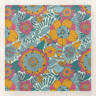 Colourful floral pattern glass coaster