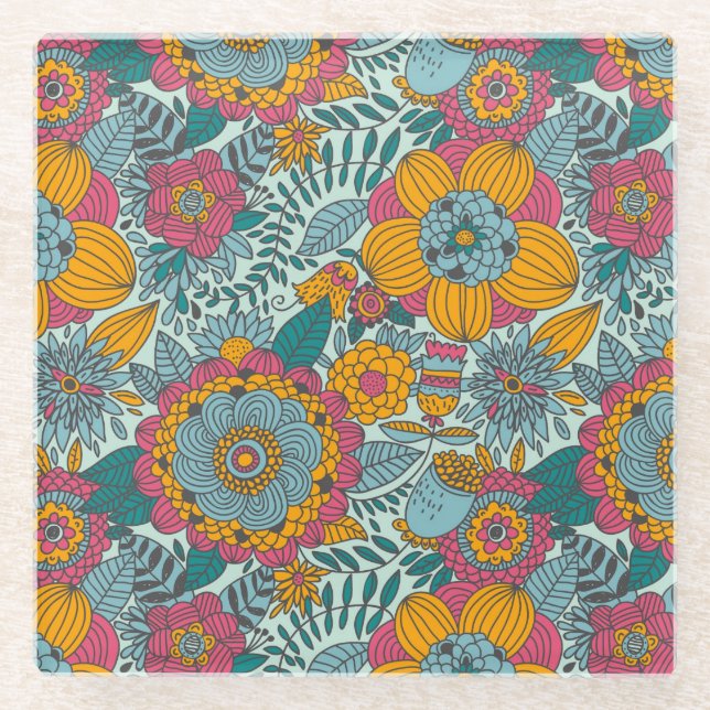 Colourful floral pattern glass coaster (Front)