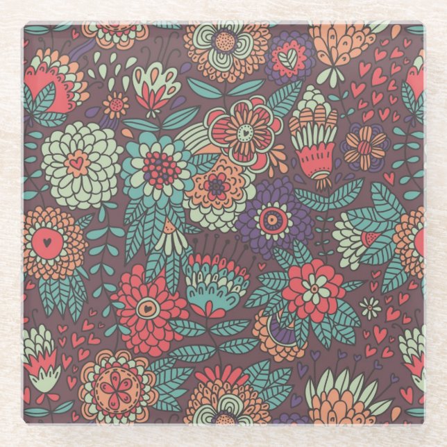 Colourful floral pattern in cartoon style glass coaster (Front)