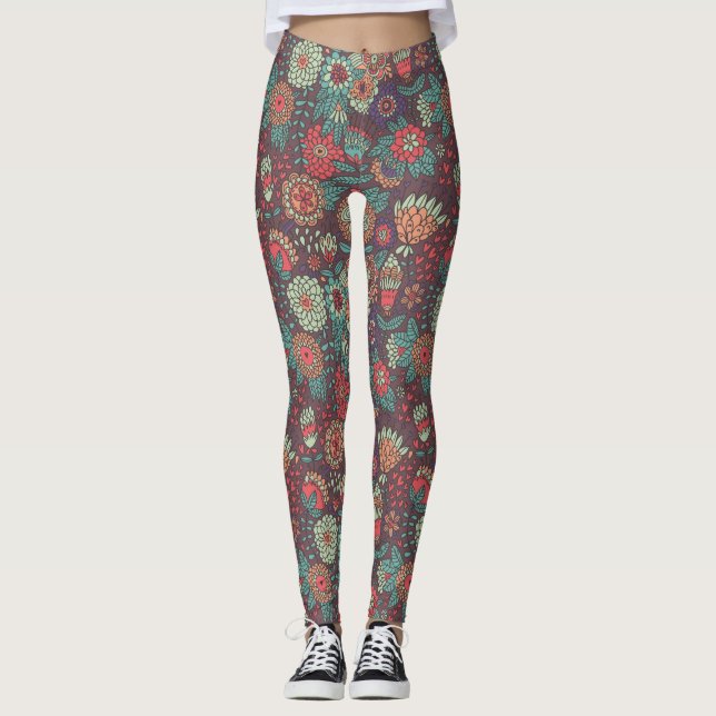 Colourful floral pattern in cartoon style leggings (Front)