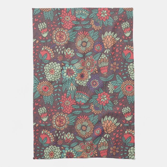 Colourful floral pattern in cartoon style tea towel (Vertical)