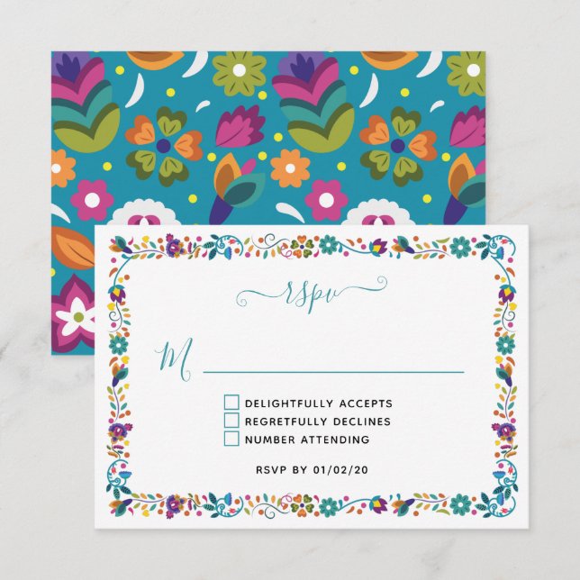 Colourful Floral Pattern Mexican Wedding RSVP Card (Front/Back)