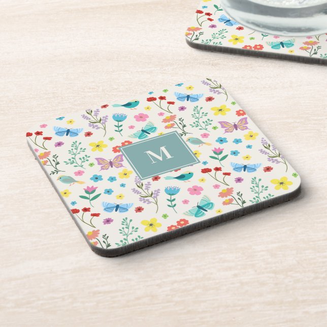 Colourful Floral Pattern Monogram Coaster Set (Left Side)