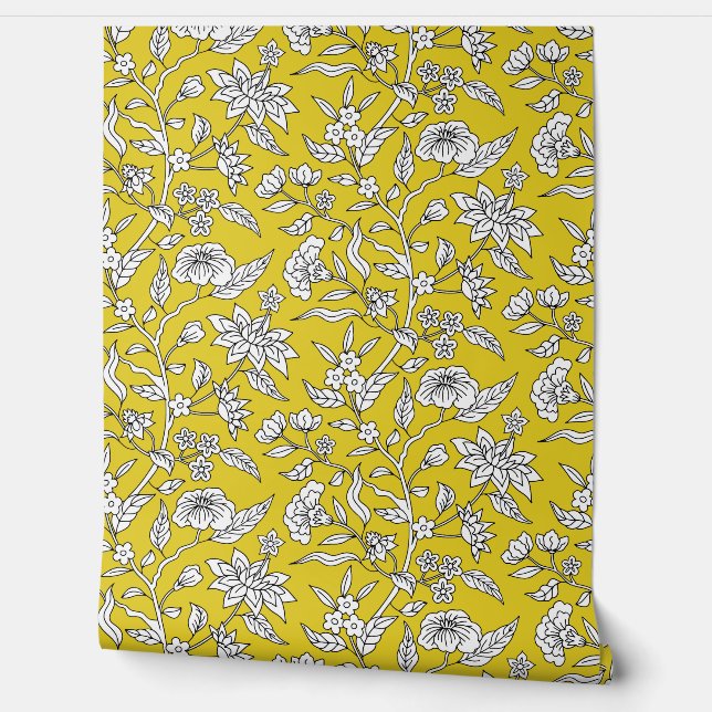 Colourful Floral Pattern | Mustard Yellow Gold Wallpaper (Unrolling)