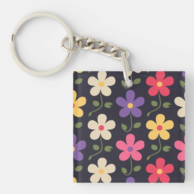 Colourful Floral Pattern on Dark Background Key Ring (Front)