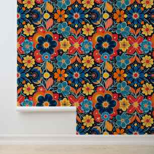 Colourful Floral Pattern on Dark Background Wallpaper