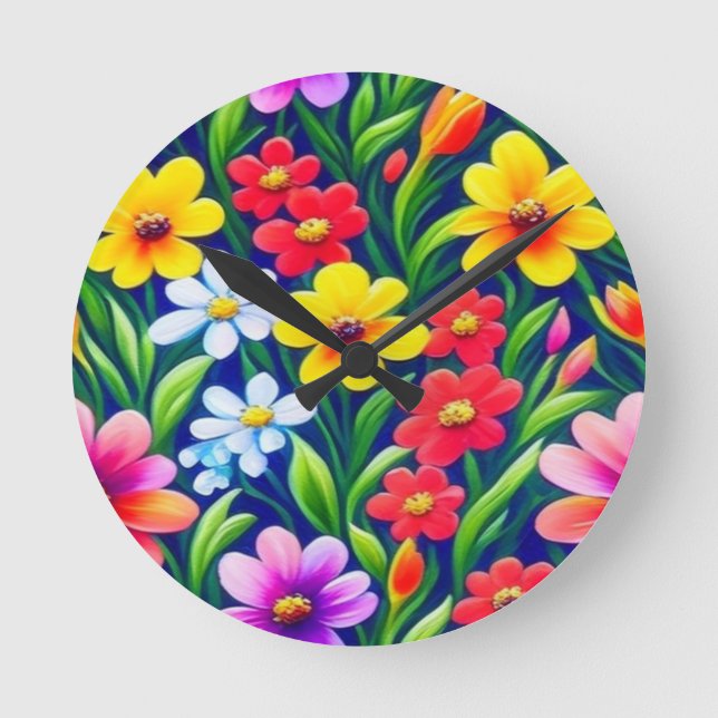 Colourful floral pattern round clock (Front)