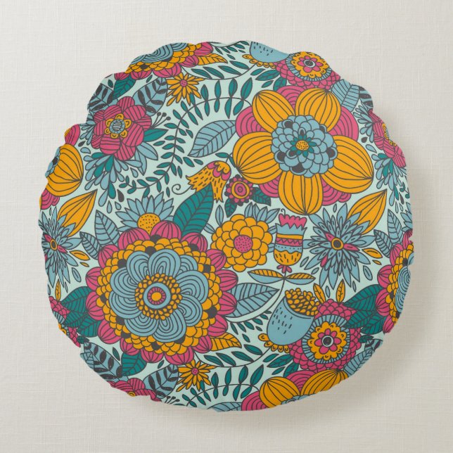 Colourful floral pattern round cushion (Front)