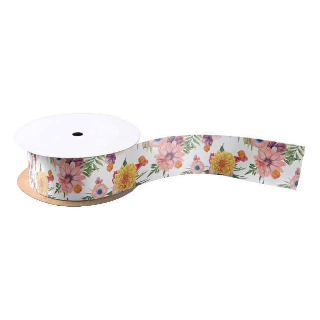 Colourful Floral Pattern Satin Ribbon (Spool)