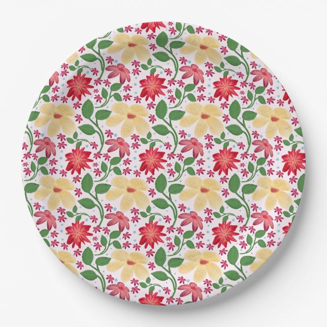 Colourful Floral Pattern Seamless Bright Flower  Paper Plate (Front)