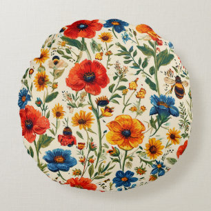 Colourful Floral Pattern With Bees Round Cushion