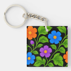 Colourful Floral Pattern with Green Foliage Key Ring